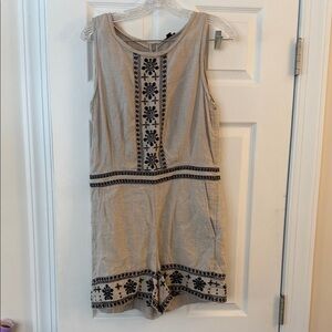 LOFT Linen Beige Romper with Black Floral embroidery